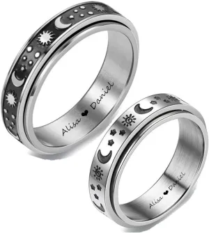 ZKXXJ Personalized His Her Spinner Ring for Anxiety Fidget Rings Relieving Stress Stainless Steel Name Engraved Sun Moon Stars Ring Promise Couple Rings for Him and Her for Valentine's Gift,2 Packs