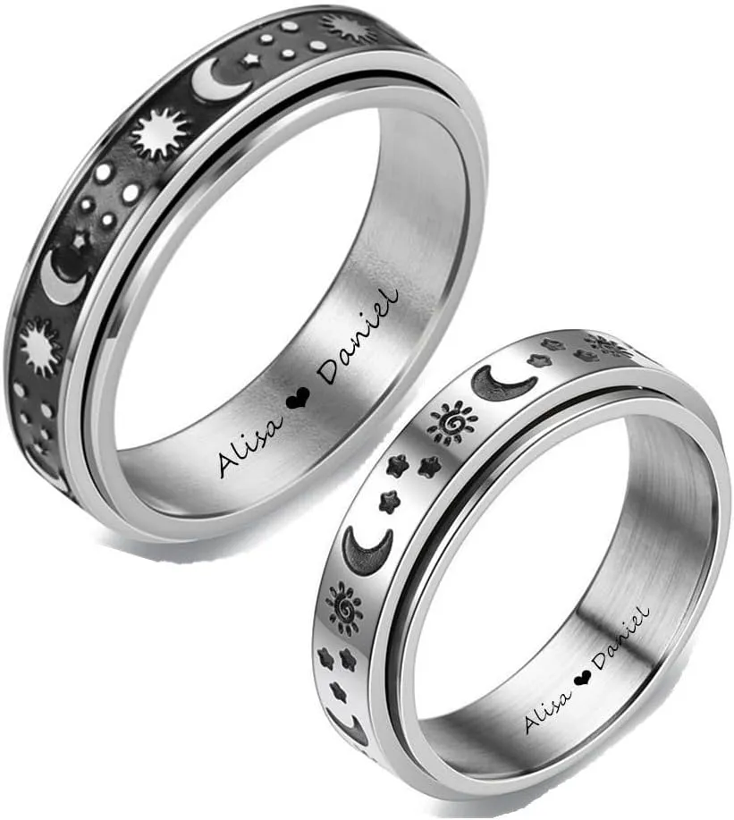 ZKXXJ Personalized His Her Spinner Ring for Anxiety Fidget Rings Relieving Stress Stainless Steel Name Engraved Sun Moon Stars Ring Promise Couple Rings for Him and Her for Valentine's Gift,2 Packs