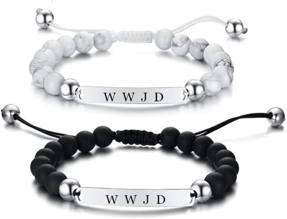 ZKXXJ WWJD HWLF Bracelet Set,Stainless Steel Adjusted Black White Beaded Onyx What Would Jesus Do He Would Love First Bracelets Inspirational Religious Reminder Jewelry
