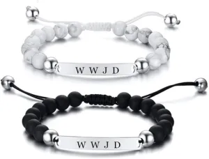 ZKXXJ WWJD HWLF Bracelet Set,Stainless Steel Adjusted Black White Beaded Onyx What Would Jesus Do He Would Love First Bracelets Inspirational Religious Reminder Jewelry