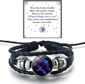 Zodiac Signs Spirit Bracelet For Women Men, 12 Constellation Leather Multilayer Handmade Woven Adjustable Bracelets Unisex Glow in the Dark Zodiac Jewelry Birthday Gifts