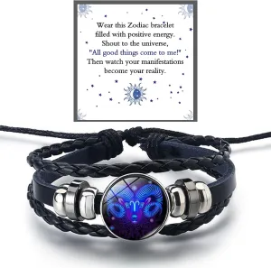 Zodiac Signs Spirit Bracelet For Women Men, 12 Constellation Leather Multilayer Handmade Woven Adjustable Bracelets Unisex Glow in the Dark Zodiac Jewelry Birthday Gifts