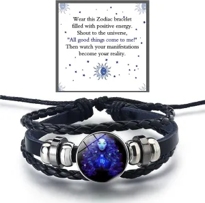 Zodiac Signs Spirit Bracelet For Women Men, 12 Constellation Leather Multilayer Handmade Woven Adjustable Bracelets Unisex Glow in the Dark Zodiac Jewelry Birthday Gifts