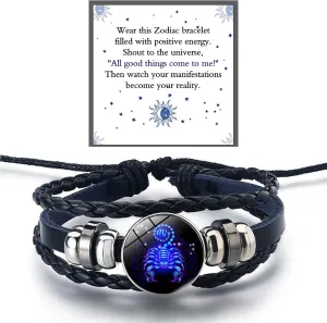 Zodiac Signs Spirit Bracelet For Women Men, 12 Constellation Leather Multilayer Handmade Woven Adjustable Bracelets Unisex Glow in the Dark Zodiac Jewelry Birthday Gifts