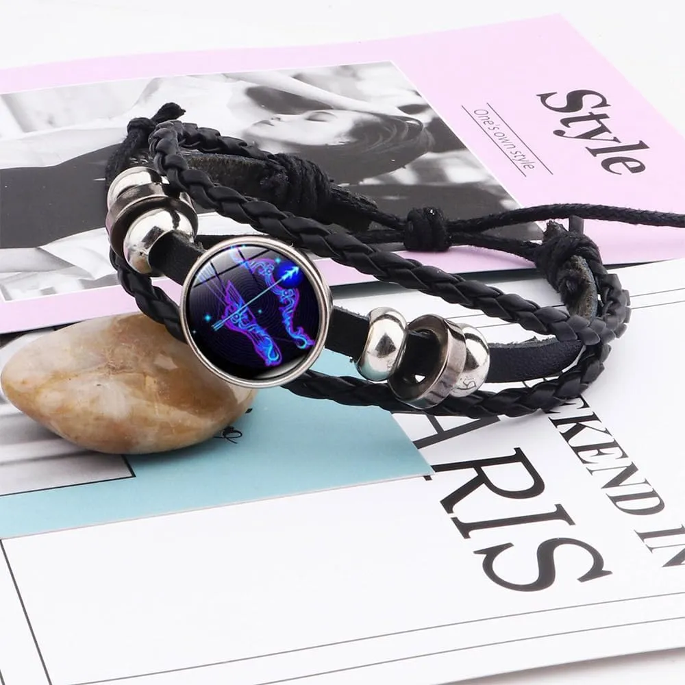 Zodiac Signs Spirit Bracelet For Women Men, 12 Constellation Leather Multilayer Handmade Woven Adjustable Bracelets Unisex Glow in the Dark Zodiac Jewelry Birthday Gifts